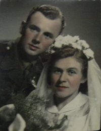 Wedding photo of Jaroslav Šimánek and Marta née Pončová, Sobíšovice, 15 September 1951