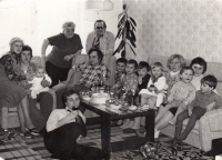 Josef Kundera's family, from left: sister Karla with her husband Jiří Plášek and their son, his mother Františka, née Váňová, his father Karel Kundera, brother Petr in the armchair, Josef Kundera on the ground, children, his sister Marie, sister-in-law of Justýna (Petr's wife), Horní Lhota, 1982
