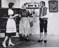 The fairy tale About Honza and Princess Goldilocks in the Cultural House of Holice - about 1971 or 1972 (seen from left Jitka Vohralíková - Juračková as Maryška, Libuše Jilemnická as Mother and Waldemar Holický as Honza)