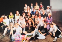 A group of young Holice amateurs after the performance Excellence in the Cultural House of Holice in 1998 (Jitka Juračková on the far left with a flower, on the far right Libuše Jilemnická - after her Jitka Juračková took over the leadership of the ensemble, sitting in the middle in glasses - actor Michal Dalecký)