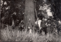Band (the witness does not know the name), second from the left sits Honza Fiala, the drummer who helped Jarmila with the export of her designs to Germany		