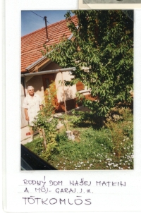 Photograph of his birth house, Michal and his mother, in Slovenský Komlóš.

