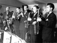 Saxophone section of Oskar Kmoníček's Melody Club in Pardubice. From right Václav Rabas, Vladimír Popelka, in the middle bandleader Oskar Kmoníček, 1953