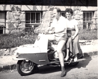 Vladimir Popelka and his wife on scooter Čezeta, Český Krumlov, 1959