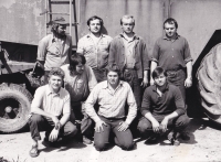 Jindřich Kubienka (bottom left) with his colleagues from the State Farm Český Těšín, workplace Karviná / 1970s