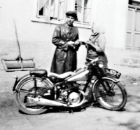 Father Václav Stránský and his motorcycle, 1930s