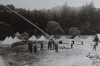 Scout camp Arnoštov - erecting the flagpole, 1950