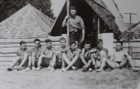 Scout camp Arnoštov. From left: Pokorný, Hynek, Marhan, Novotný, Macháček, Dvořák, Janoušek, Herout, 1950