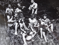 Scout camp Arnostov - camp band, Jiří Marhan below, 1950