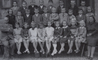 Third class 1942/43, Jiří Marhan in the middle row, second from the right, at the bottom left sits the head teacher Balvín, executed by the Nazis