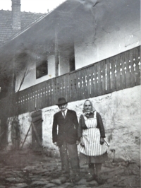 Husband Jaroslav's parents in front of the house in Chrudichromy