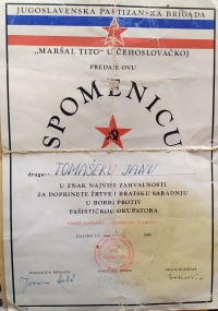 Poděkování Jugoslávské partyzánské brigády maršála Tita za bratrskou pomoc proti fašistickým okupantům Janu Tomáškovi, srpen 1945