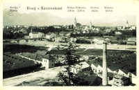 Továrna Jugočeška v pozadí s vrcholy slovinských Alp na předválečné pohlednici
