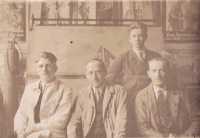 Father Maxmilián Sonnek (far left) at work, ca. 1940s
