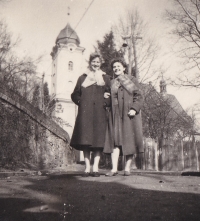 With friend Jana Holečková on a walk, Hlučín, ca. 1960