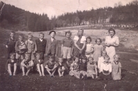 Fr. Němec with his class at the place where they went for PE, in the background is the road that led to the camp, Hodonín near Kunštát 1940