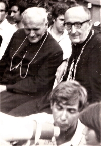 Marián Hošek at a youths’ pilgrimage to a mountain near Katowice, with Cardinal Wojtyla in the background, 1972