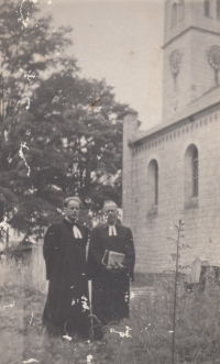 Evangelical parish priests from left Zdislaw Tranda and Martin Hoffmann in front of the church in Stroužné