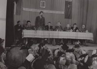 Meeting of the employees of the Gottwaldov film studios, standing Zd. Podskalský, 3rd from the right Aleš Bosák, director of the studios, 1960s