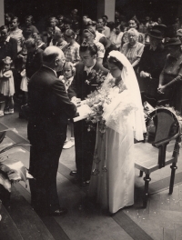 Cyril Burget leads the wedding ceremony for his daughter Věra, 1950, Prague