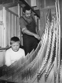 Bohumil and his son are constructing an organ. 1980's