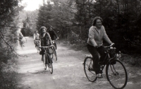 Miloslava Mráčková (in the lead) on a bike trip with the Czechoslovak women´s union