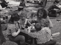 Wife Lenka with her sons at a tramp wedding in Hrubá Vrbka, late 1980s.