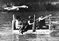 Dušan Leitgeb (right) on a floating vehicle event in Moravia, late 1970s