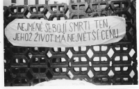 A banner hung during the procession in Liberec to commemorate Jan Palach, Klášterní Street