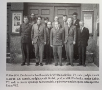 Košice 1970, the team of the chess section, where Ján Plachetka worked, in the front line in the center in uniform