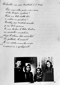 Astrid Kostelníková with her siblings - witness is the youngest, she is not smiling in the photo. Apparently, she hasn't smiled in photos for a very long time. Next to the photo is a poem composed for Mother's Day by Róbert, witnesses brother