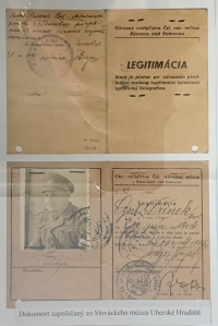 Identity card of Cyril Dřinek, District Headquarters of the Czechoslovak National Militia in Bánovce nad Bebravou