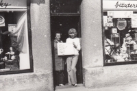 Věra and her mother in the shop in Králíky, where they used to be shop assistants, 1978
