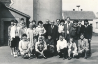 Marie (3rd from left, seated) with extended family, Pouchov near Hradec Králové, 1985