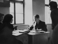Marie at the first desk, Kroměříž Grammar School, 1952