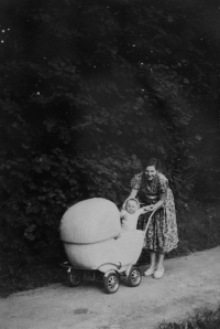 Marie with her first born son Ladislav on a walk in 1958