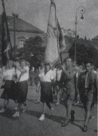 Milan Geryk as a junior flag bearer during the Sokol parade, Přerov, 25 June 1950

