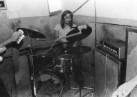 Playing the drums in the band Pecka od vajíčka (Egg pit, trans.) in 1984