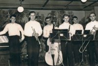 Slánská Dixieland Band, Manfred Hacker far left at piano, 1955