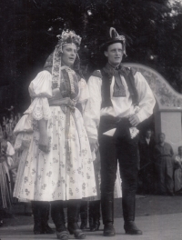 Witness as a young girl with brother Lubor as bride and groom, Strážnice, 1953
