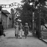 A visit to Auschwitz in 1966, left to right: sister, the witness, mother