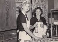 Hedvika Rudolfová (left) as a waitress in Špindlerův Mlýn, 1950s