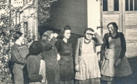 Second from the right, the mother of the witness, just before the nationalization of the cardboard factory, with employees, Hrabačov, ca. 1950