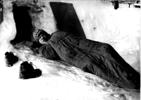 Staying in an Eskimo igloo among prefabricated houses, 1979
