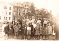 On a trip to Czechoslovakia organized by the Czechoslovak Foreign Institute, Manfred Hacker front row bottom center with white shoes, holidays 1948 or 1949
