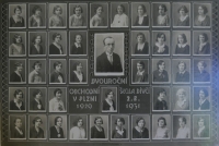 Graduation photo board of the Two-Year Girls’ Business School in Plzeň; witness’s mother Libuše is fourth from left in the second row