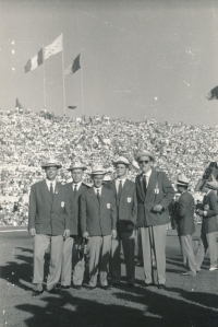Richard Nový at the 1960 Summer Olympics in Rome, wearing a hat, standing fifth from the left