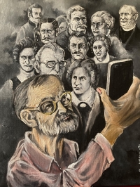 Olejomalba z roku 2020, pamětník si dělá selfie se svými předky