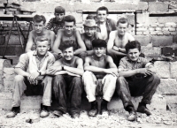 Josef Zawadský (first from left, seated) with bricklayer apprentices / Ostrava / 1957