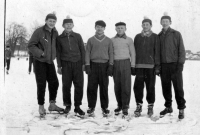 Josef Zawadsky (third from right) / with friends on a pond / Dolní Benešov / 1959